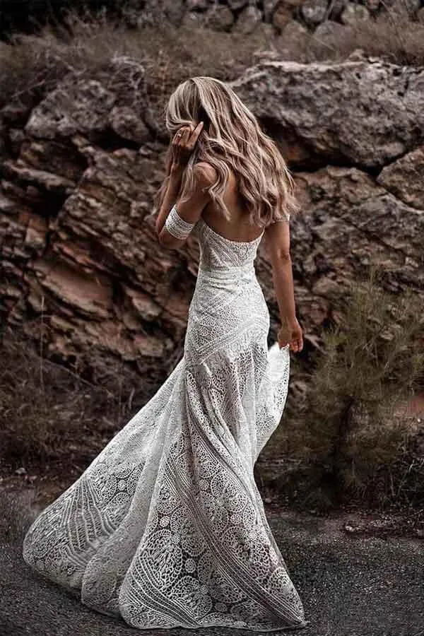Unique Lace Sheath Wedding Gown with Strapless Neckline