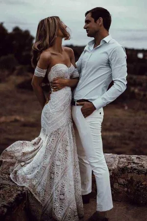 Unique Lace Sheath Wedding Gown with Strapless Neckline