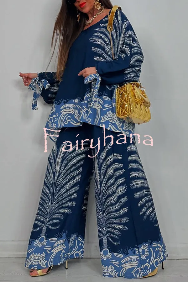Unique Print Loose Drawstring Long Sleeve Top and Elastic Waist Casual Pocket Wide Leg Pants Set
