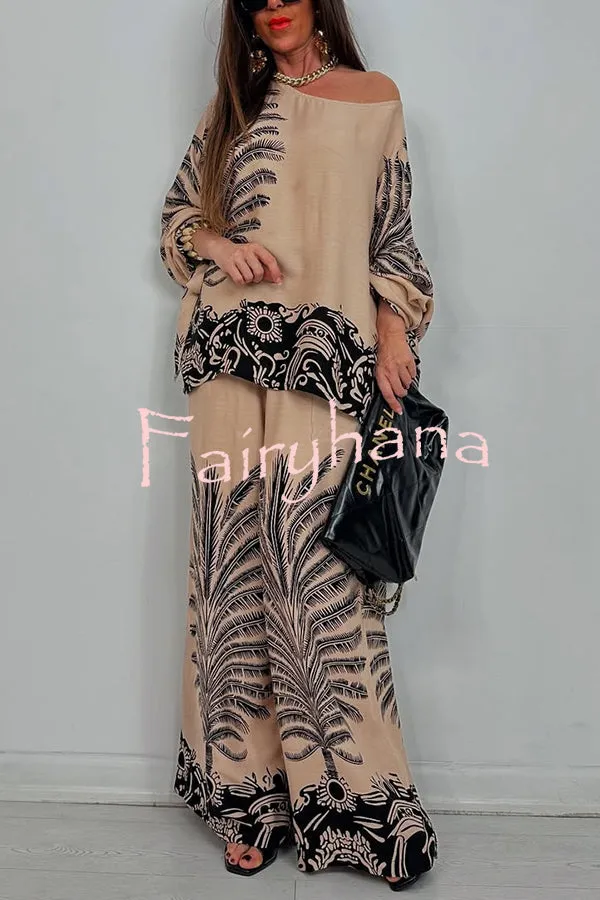 Unique Print Loose Drawstring Long Sleeve Top and Elastic Waist Casual Pocket Wide Leg Pants Set