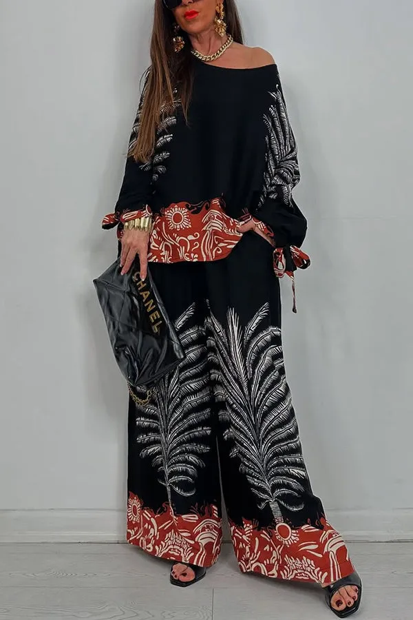 Unique Print Loose Drawstring Long Sleeve Top and Elastic Waist Casual Pocket Wide Leg Pants Set