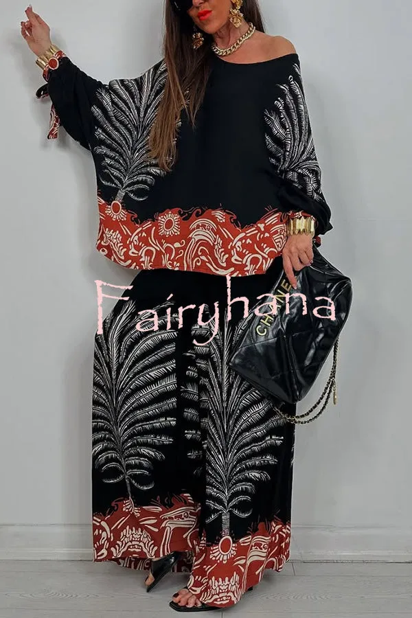 Unique Print Loose Drawstring Long Sleeve Top and Elastic Waist Casual Pocket Wide Leg Pants Set
