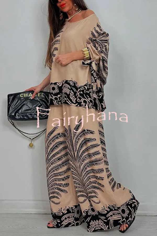 Unique Print Loose Drawstring Long Sleeve Top and Elastic Waist Casual Pocket Wide Leg Pants Set