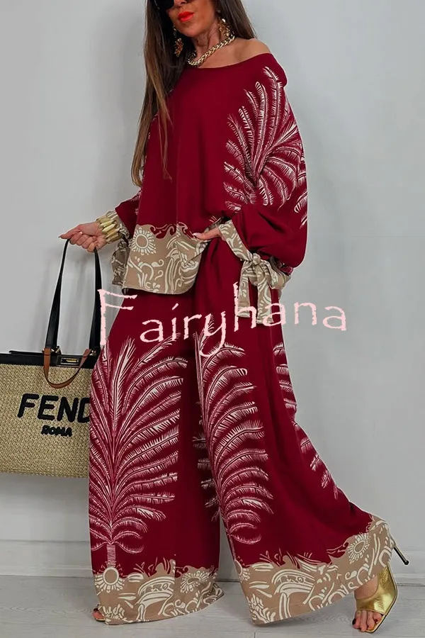 Unique Print Loose Drawstring Long Sleeve Top and Elastic Waist Casual Pocket Wide Leg Pants Set