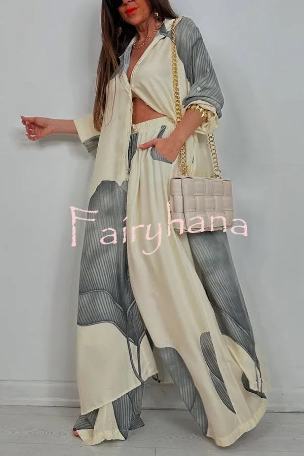 Unique Printed Casual Loose Long Shirt and Elastic Waist Pocket Wide Leg Pants Set