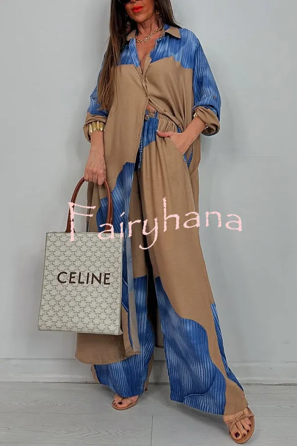 Unique Printed Casual Loose Long Shirt and Elastic Waist Pocket Wide Leg Pants Set