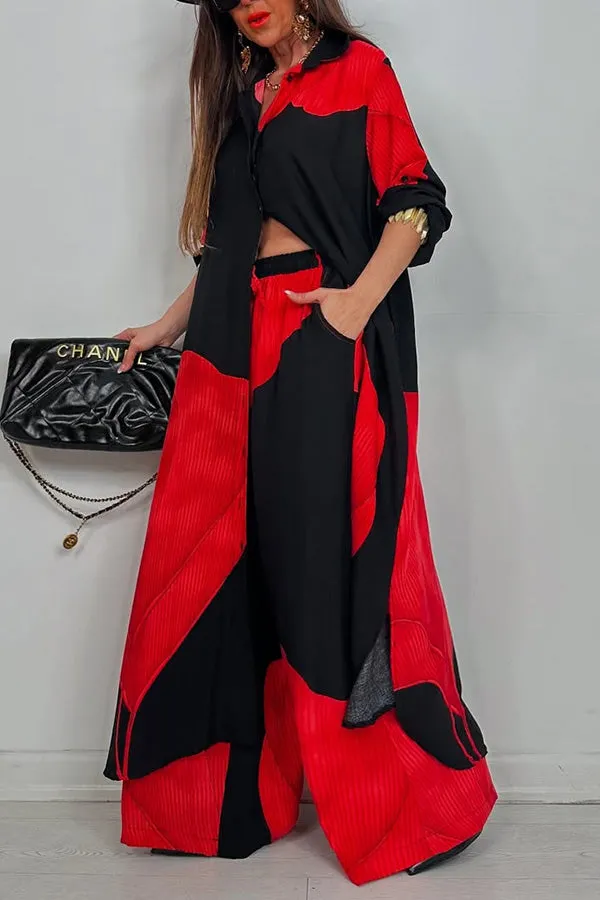 Unique Printed Casual Loose Long Shirt and Elastic Waist Pocket Wide Leg Pants Set
