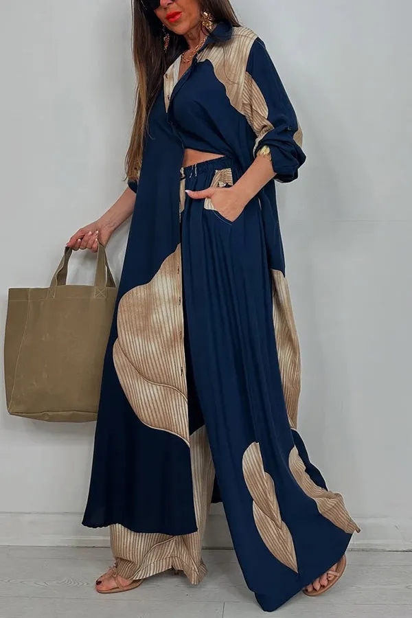 Unique Printed Casual Loose Long Shirt and Elastic Waist Pocket Wide Leg Pants Set