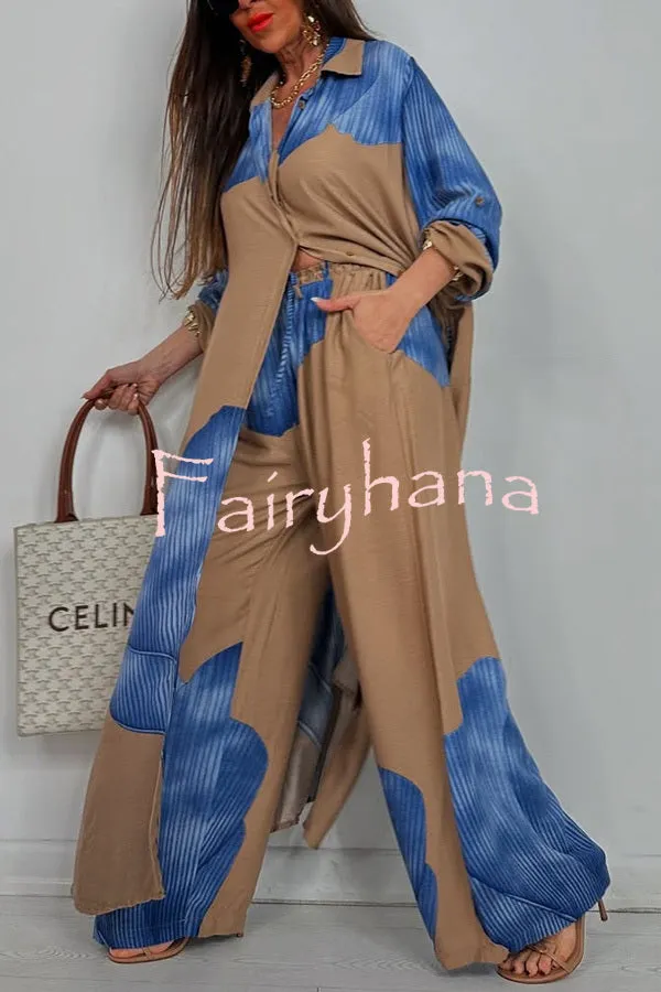 Unique Printed Casual Loose Long Shirt and Elastic Waist Pocket Wide Leg Pants Set