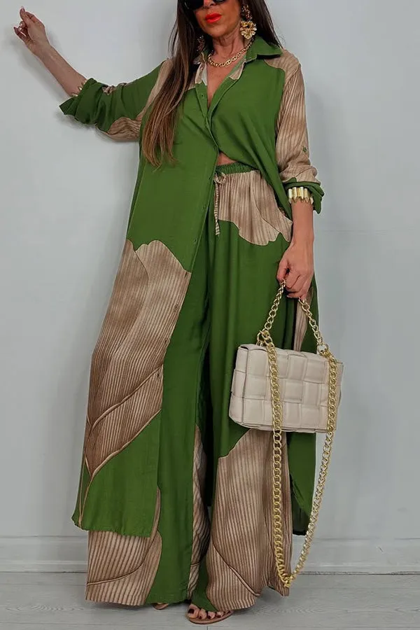 Unique Printed Casual Loose Long Shirt and Elastic Waist Pocket Wide Leg Pants Set
