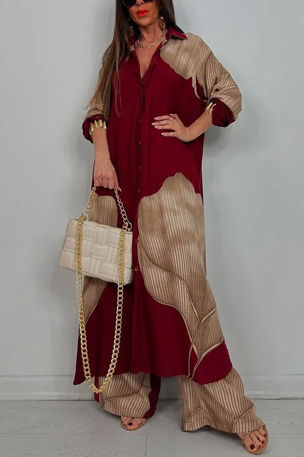 Unique Printed Casual Loose Long Shirt and Elastic Waist Pocket Wide Leg Pants Set