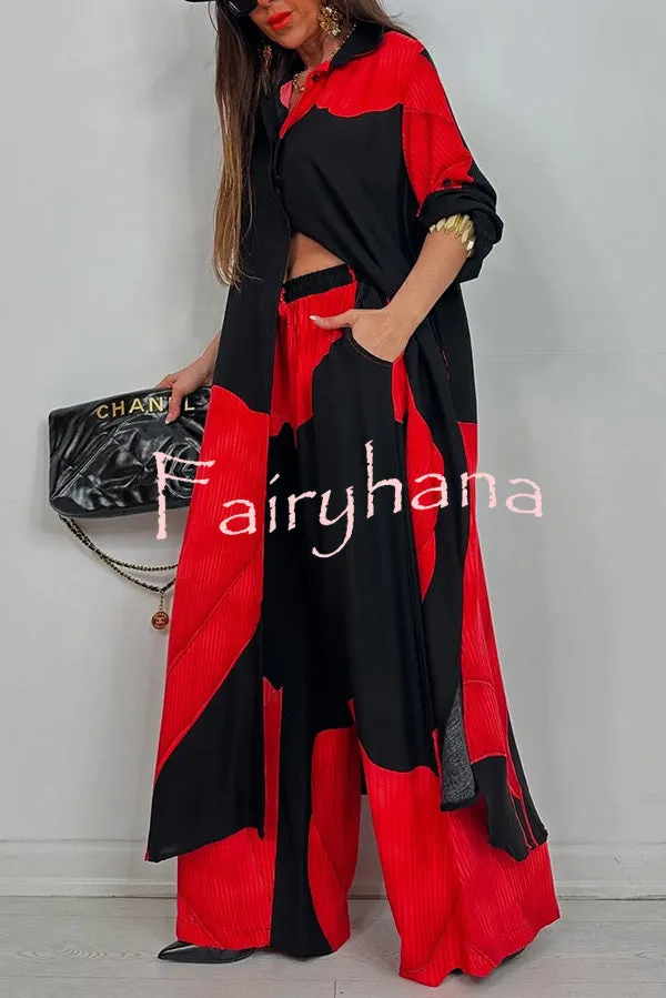 Unique Printed Casual Loose Long Shirt and Elastic Waist Pocket Wide Leg Pants Set