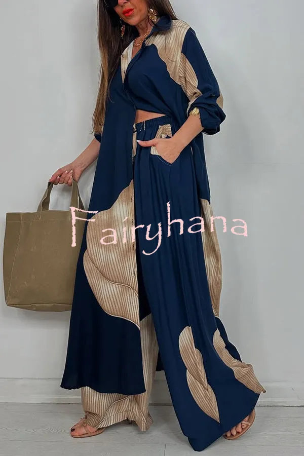 Unique Printed Casual Loose Long Shirt and Elastic Waist Pocket Wide Leg Pants Set