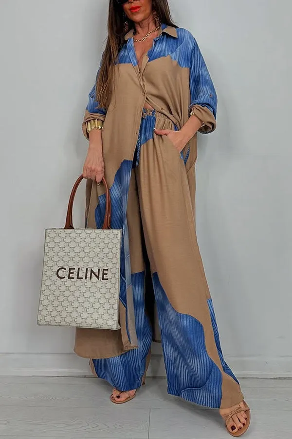 Unique Printed Casual Loose Long Shirt and Elastic Waist Pocket Wide Leg Pants Set
