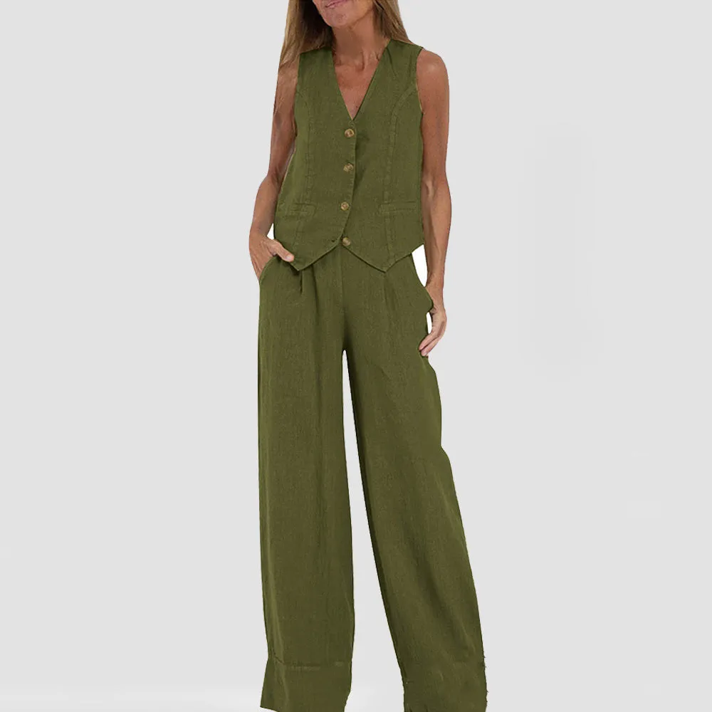 Vest Suits V-neck Botton Sleeveless Top And Loose Straight Trousers