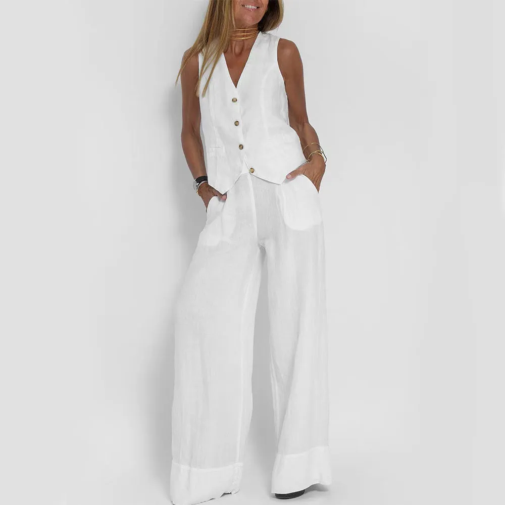 Vest Suits V-neck Botton Sleeveless Top And Loose Straight Trousers