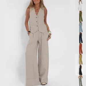 Vest Suits V-neck Botton Sleeveless Top And Loose Straight Trousers