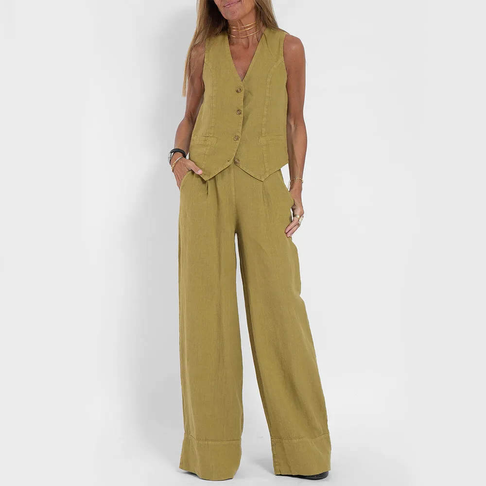 Vest Suits V-neck Botton Sleeveless Top And Loose Straight Trousers