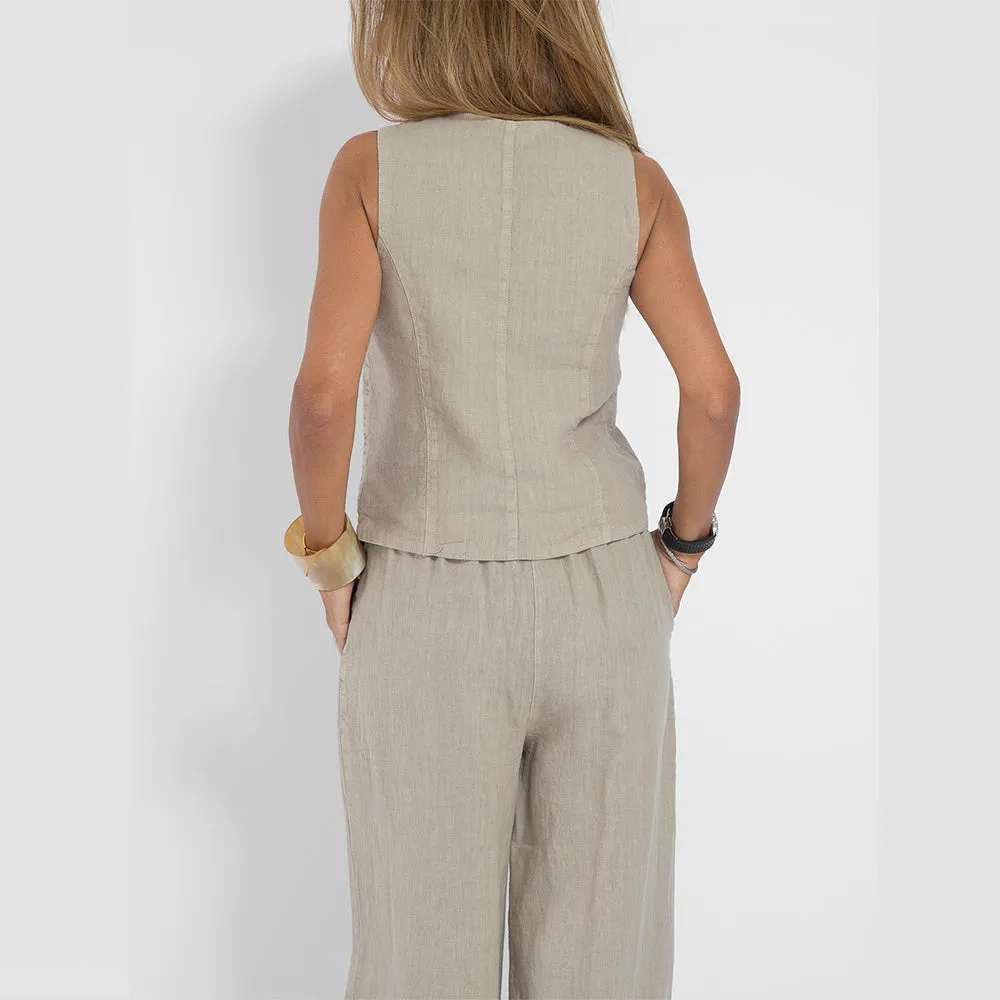 Vest Suits V-neck Botton Sleeveless Top And Loose Straight Trousers