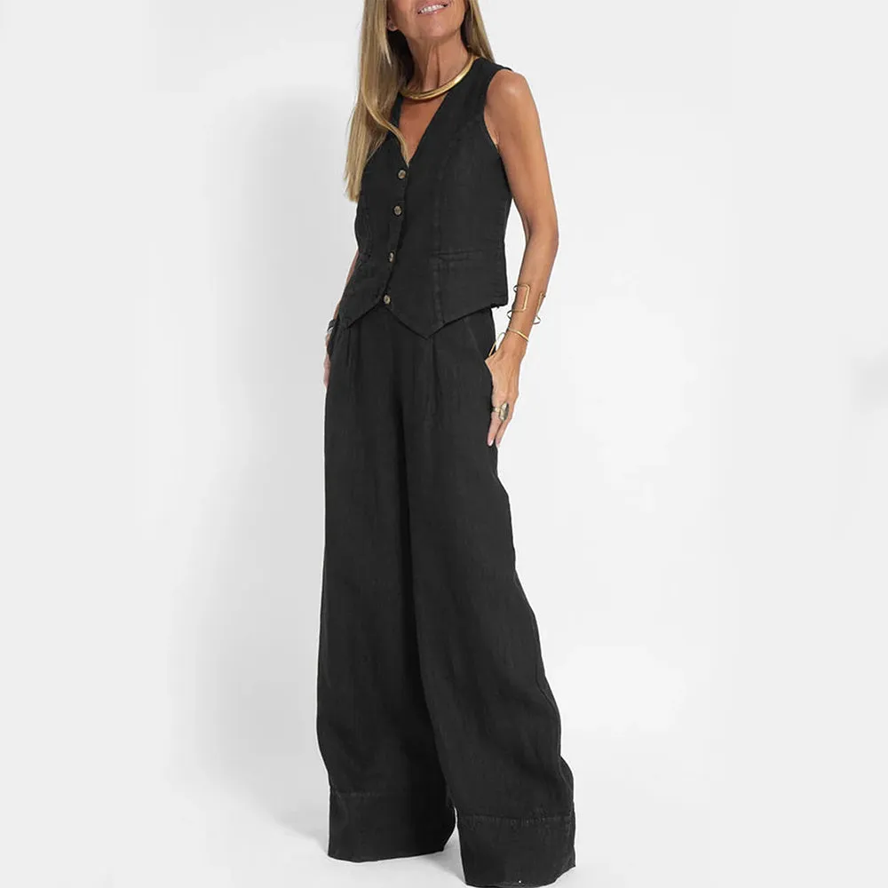 Vest Suits V-neck Botton Sleeveless Top And Loose Straight Trousers
