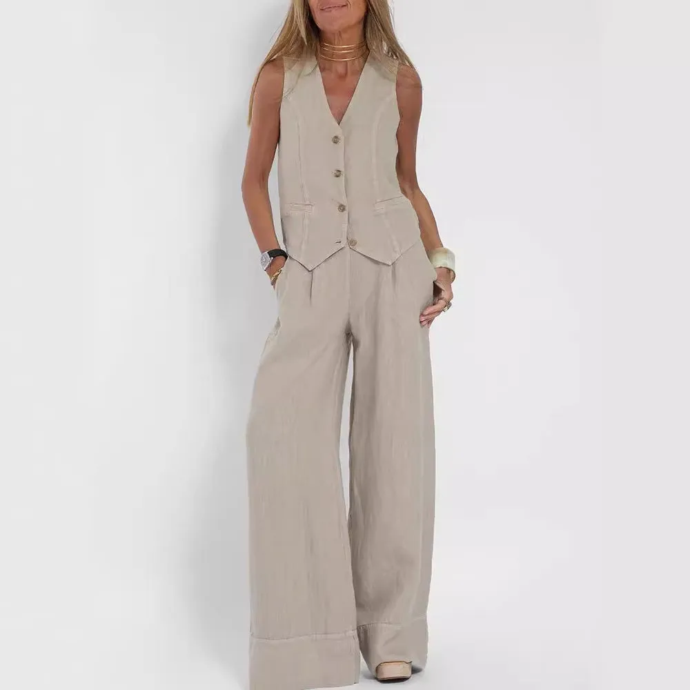Vest Suits V-neck Botton Sleeveless Top And Loose Straight Trousers