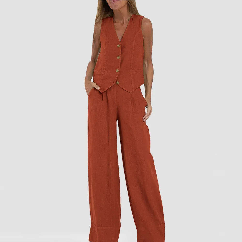 Vest Suits V-neck Botton Sleeveless Top And Loose Straight Trousers