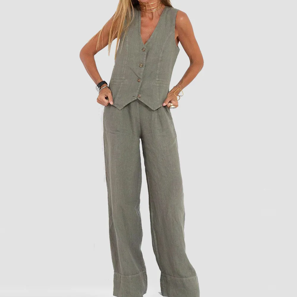 Vest Suits V-neck Botton Sleeveless Top And Loose Straight Trousers