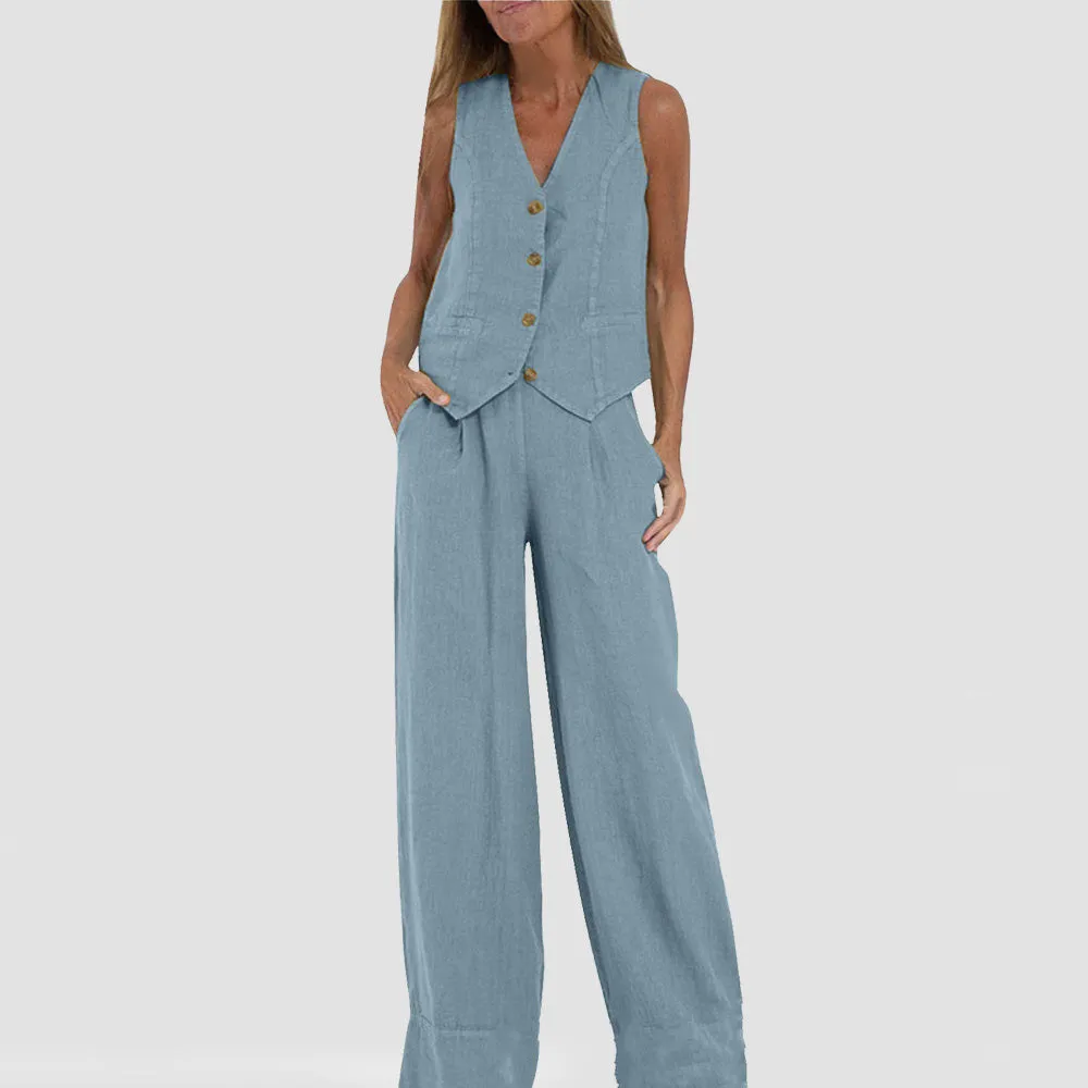 Vest Suits V-neck Botton Sleeveless Top And Loose Straight Trousers