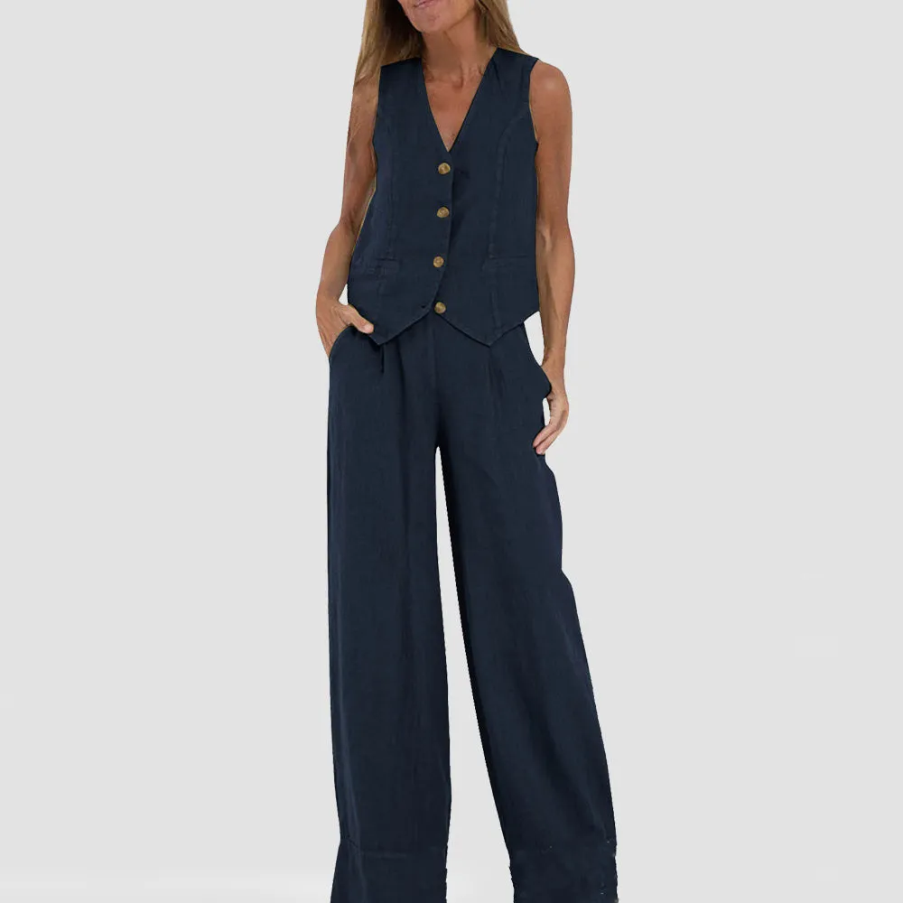 Vest Suits V-neck Botton Sleeveless Top And Loose Straight Trousers