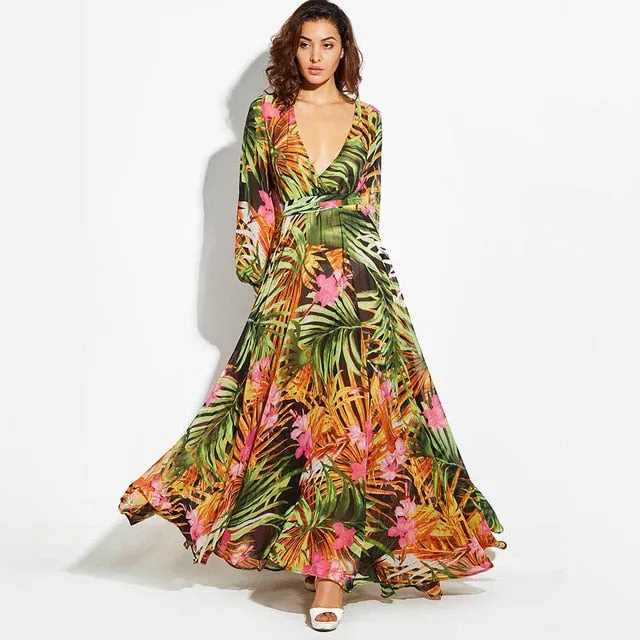 Vintacy Long Sleeve Dress Green Tropical Beach Maxi Boho Casual V Neck Belt Lace Up Plus Size Dress