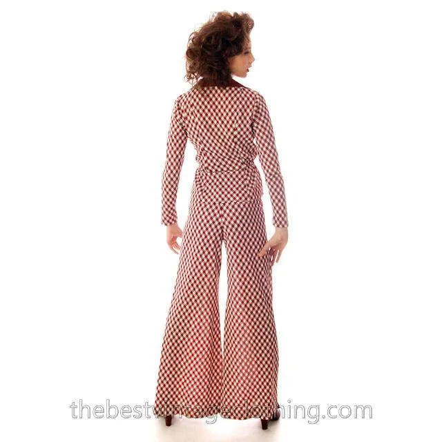 Vintage 1970s Pant Suit Maroon Plaid Super Fly Small Patricia Fair