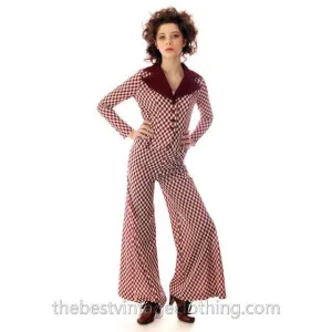 Vintage 1970s Pant Suit Maroon Plaid Super Fly Small Patricia Fair