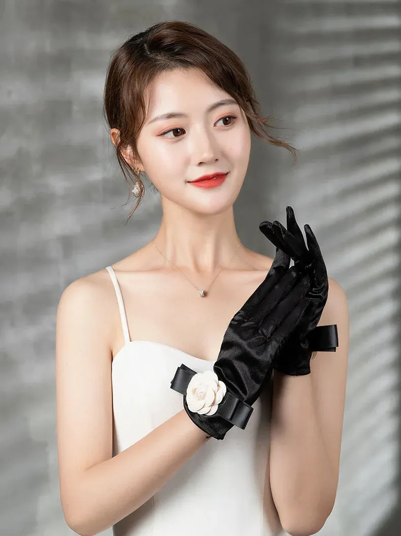 Vintage Black Short Satin Hepburn Gloves