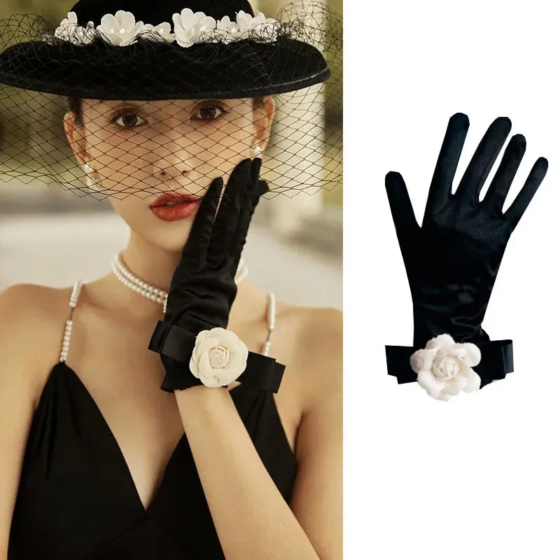 Vintage Black Short Satin Hepburn Gloves