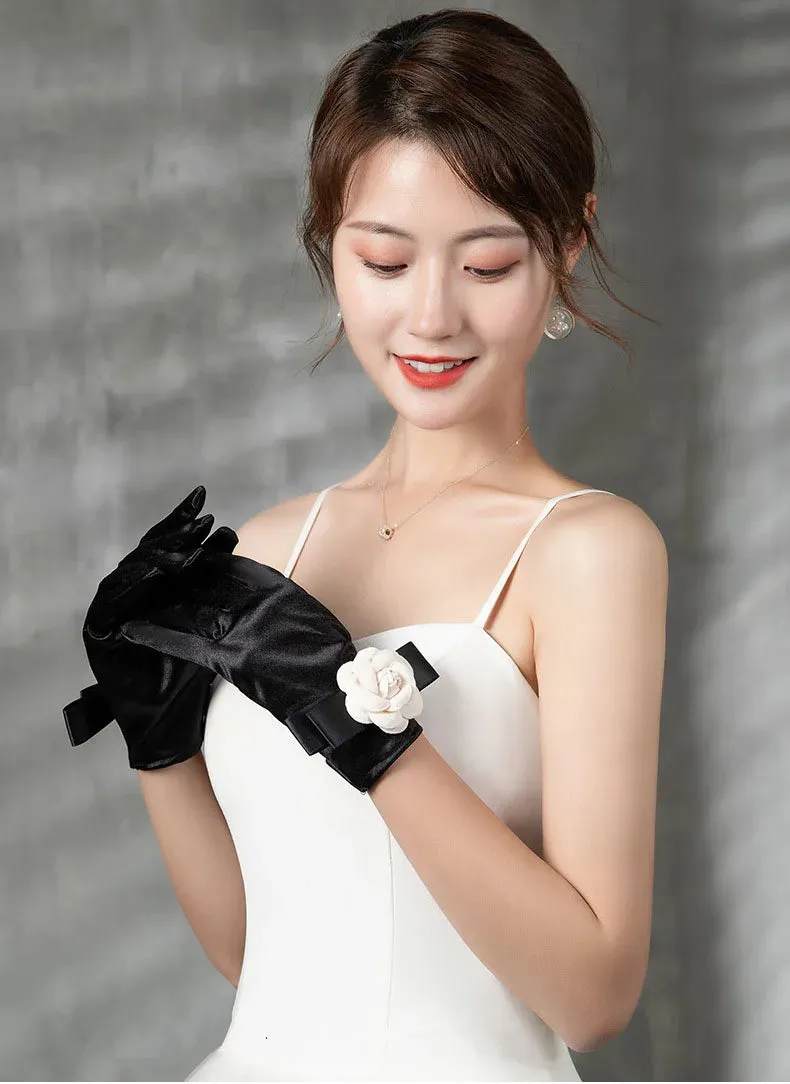 Vintage Black Short Satin Hepburn Gloves