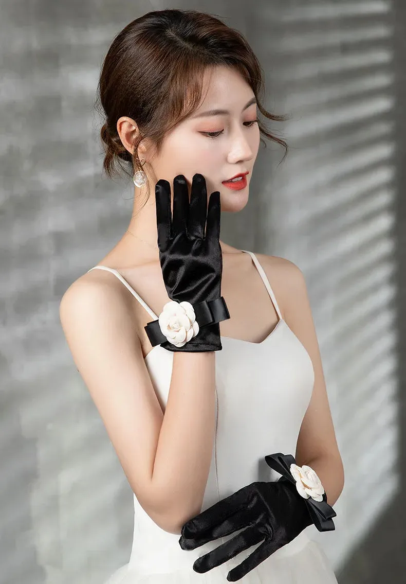 Vintage Black Short Satin Hepburn Gloves