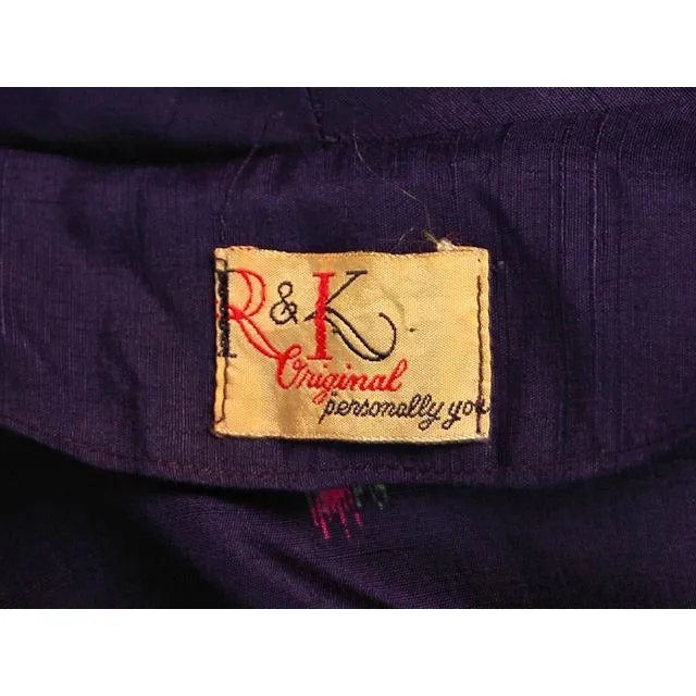 Vintage Ladies Raw Silk Suit Printed Navy Blue/Pink Floral R&K Originals 1950s