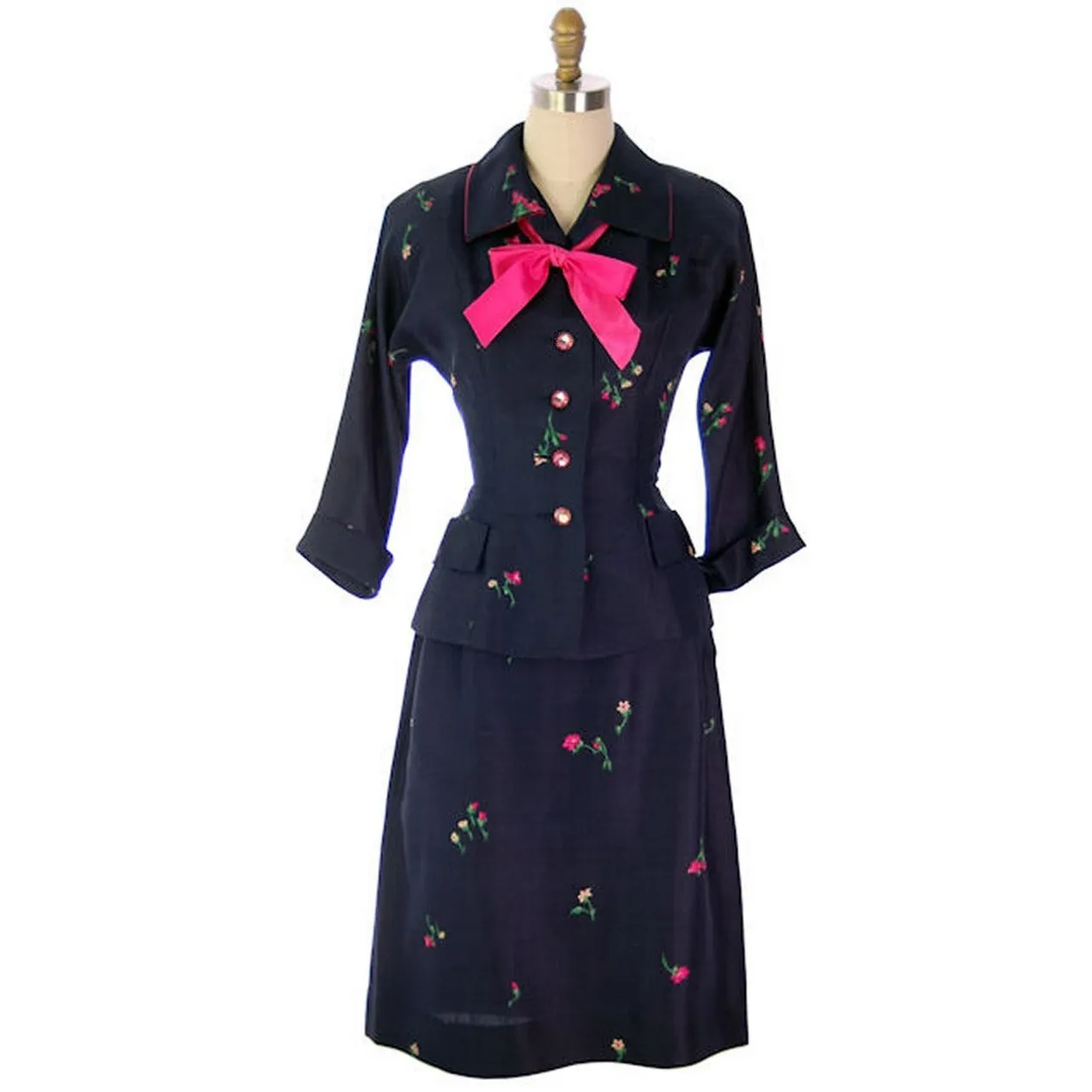Vintage Ladies Raw Silk Suit Printed Navy Blue/Pink Floral R&K Originals 1950s