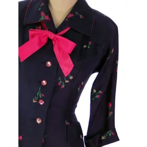Vintage Ladies Raw Silk Suit Printed Navy Blue/Pink Floral R&K Originals 1950s