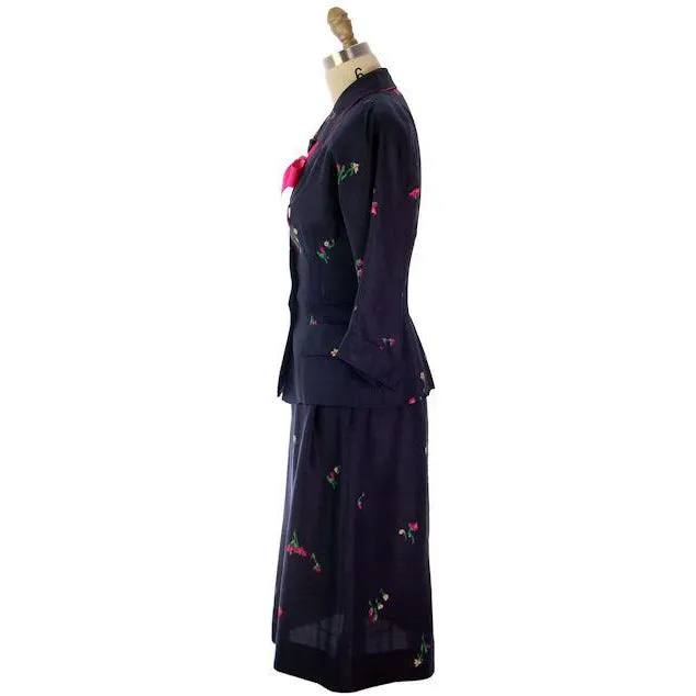 Vintage Ladies Raw Silk Suit Printed Navy Blue/Pink Floral R&K Originals 1950s
