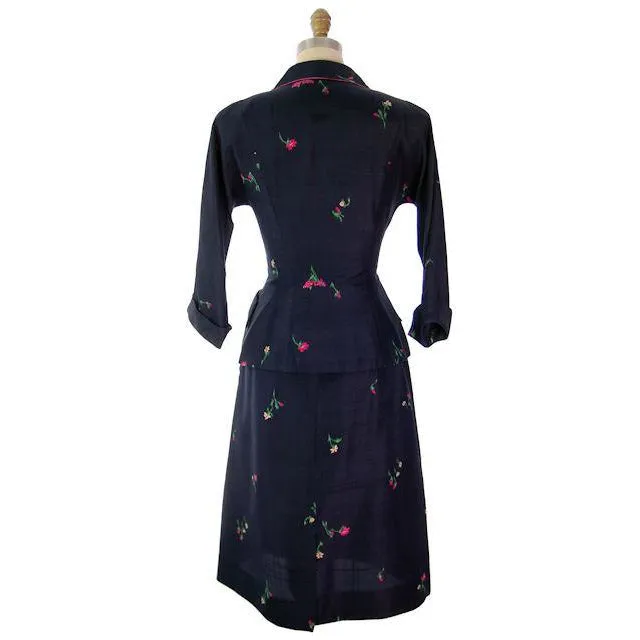 Vintage Ladies Raw Silk Suit Printed Navy Blue/Pink Floral R&K Originals 1950s