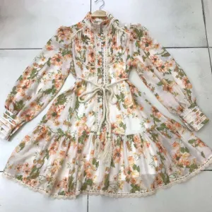 Vintage Print Summer Dress For Women Stand Collar Lantern Long Sleeve