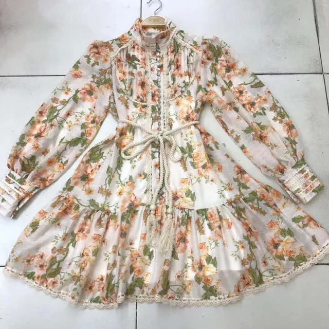 Vintage Print Summer Dress For Women Stand Collar Lantern Long Sleeve