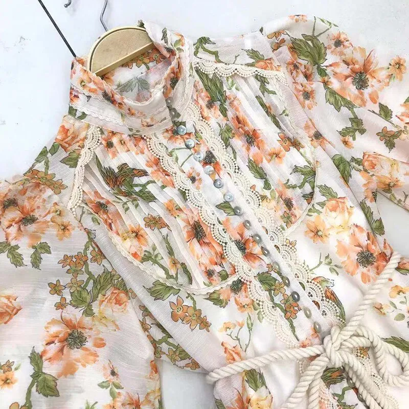 Vintage Print Summer Dress For Women Stand Collar Lantern Long Sleeve