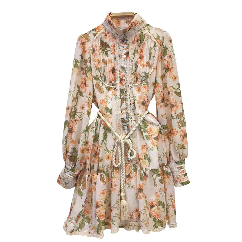 Vintage Print Summer Dress For Women Stand Collar Lantern Long Sleeve
