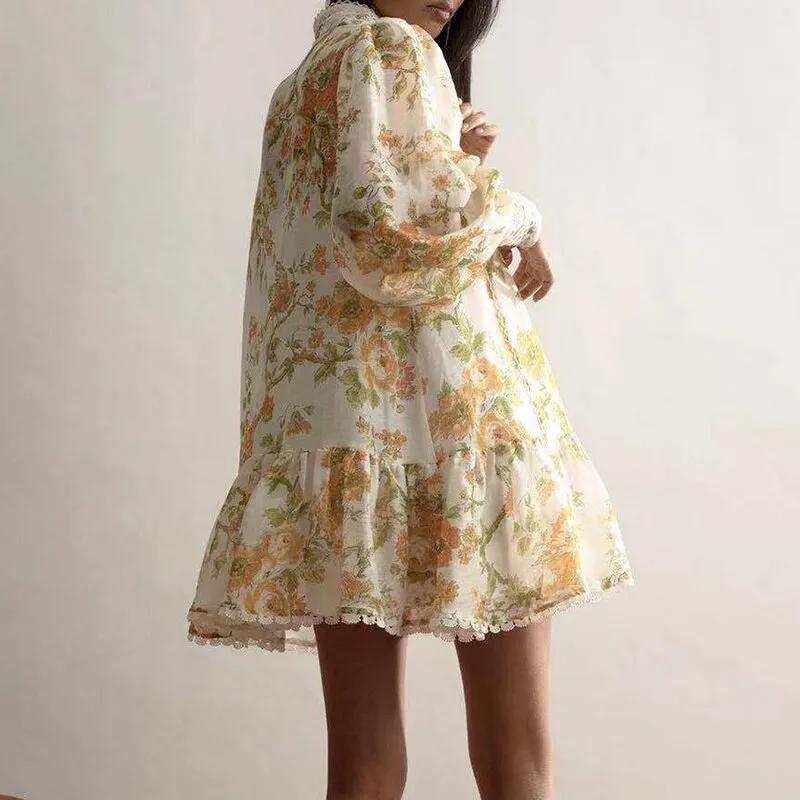Vintage Print Summer Dress For Women Stand Collar Lantern Long Sleeve