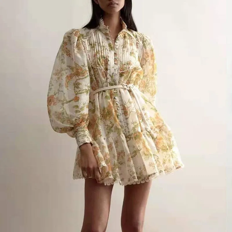 Vintage Print Summer Dress For Women Stand Collar Lantern Long Sleeve
