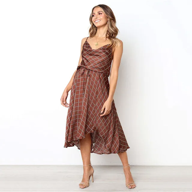Vintage Women Plaid Dresses Summer Ruffles Strap Irregular Lace Up Dress Sleeveless Dresses for Female Vestidos