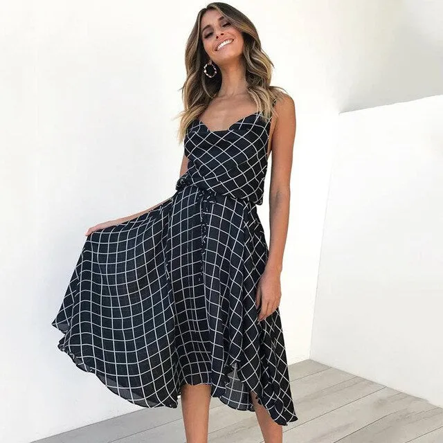 Vintage Women Plaid Dresses Summer Ruffles Strap Irregular Lace Up Dress Sleeveless Dresses for Female Vestidos