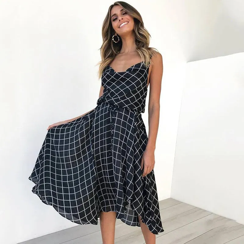 Vintage Women Plaid Dresses Summer Ruffles Strap Irregular Lace Up Dress Sleeveless Dresses for Female Vestidos